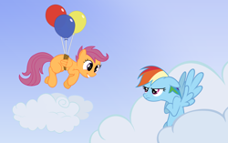 Size: 5578x3500 | Tagged: safe, artist:forsakensharikan, rainbow dash, scootaloo, pegasus, pony, g4, annoyed, balloon, cloud, crossed hooves, duo, duo female, female, filly, floating, flying, foal, folded wings, grin, looking at each other, looking at someone, mare, rainbow dash is not amused, raised hoof, scootaloo can't fly, smiling, spread wings, then watch her balloons lift her up to the sky, unamused, vector, wings