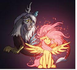 Size: 2048x1870 | Tagged: safe, artist:pastelishish, discord, fluttershy, draconequus, pegasus, g4, g5, spoiler:g5comic, crying, flower, flower in hair, glowing, immortality blues, old man discord, older, older fluttershy, teary eyes