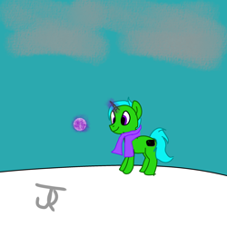 Size: 2048x2048 | Tagged: safe, artist:joeydr, oc, oc:green byte, pony, unicorn, clothes, magic, male, scarf, snow, solo, stallion, telekinesis