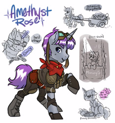 Size: 3470x3712 | Tagged: safe, artist:opalacorn, oc, oc only, oc:amethyst rose, pony, unicorn, armor, bandana, boots, cart, commission, goggles, goggles on head, magic, male, pulling, shoes, simple background, smiling, solo, stallion, telekinesis, white background, wrench