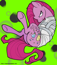 Size: 896x1024 | Tagged: safe, artist:expectationemesis, pinkie pie, earth pony, pony, g4, abstract background, angry, bondage, curled up, female, frown, insanity, kubrick stare, looking at you, lying down, mare, neon background, on back, pinkamena diane pie, solo, straitjacket, underhoof