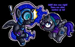 Size: 1280x807 | Tagged: safe, artist:darkone10, artist:legaspingman, nightmare moon, oc, oc:nyx, alicorn, pony, g4, alicorn oc, armor, black background, boots, chestplate, clothes, cute, dream realm, dream walker, dreamscape, duo, duo female, exclamation point, female, filly, floating, foal, glasses, hairband, headband, helmet, horn, nightmare woon, nyxabetes, ocbetes, peytral, self paradox, self ponidox, shocked, shocked expression, shoes, simple background, text, the fun has been doubled, tumblr:asktwilyandwoon, vest, wings