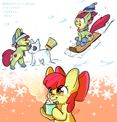Size: 1817x1900 | Tagged: safe, artist:angrylittleburd, apple bloom, earth pony, pony, g4, adorabloom, bipedal, broom, candy, candy cane, chocolate, christmas, clothes, cute, female, filly, foal, food, hat, holiday, hoof hold, hot chocolate, marshmallow, orange background, rock, scarf, secret santa, sled, smiling, snow, snowflake, snowmare, snowpony, socks, solo, sweet dreams fuel, text, winter