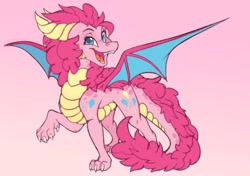 Size: 2048x1438 | Tagged: safe, artist:koffeemilk, part of a set, pinkie pie, dragon, g4, cute, diapinkes, dragoness, dragonified, female, gradient background, open mouth, open smile, pinkiedragon, smiling, solo, species swap, spread wings, wings