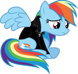 Size: 1600x1531 | Tagged: safe, artist:iamaveryrealperson, edit, vector edit, rainbow dash, pegasus, pony, g4, 2021, clothes, female, frown, jacket, leather, leather jacket, looking down, mare, ms paint, sad, simple background, sitting, solo, transparent background, vector, wings, zipper