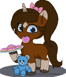 Size: 1038x1200 | Tagged: safe, artist:zsnowfilez, oc, oc only, oc:chocolate frostheart, pony, unicorn, animated, bowtie, coat markings, cookie, cute, donut, facial markings, female, filly, foal, food, gif, magic, mare, mouth hold, plushie, ponytail, scrunchy face, simple background, socks (coat markings), solo, star (coat marking), teddy bear, transparent background