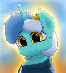 Size: 2000x2200 | Tagged: safe, artist:gosha305, lyra heartstrings, pony, unicorn, fanfic:background pony, g4, backlighting, bust, cheek fluff, chest fluff, clothes, crepuscular rays, cute, dig the swell hoodie, digital art, ear fluff, female, flower, flower in hair, fluffy, hoodie, horn, looking at you, portrait, smiling, smiling at you, solo, tulip