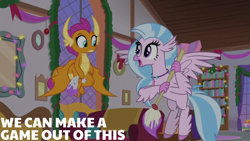 Size: 2000x1125 | Tagged: safe, edit, edited screencap, editor:quoterific, screencap, silverstream, smolder, g4, the hearth's warming club, bookshelf, mop, rag, school of friendship, string lights, window