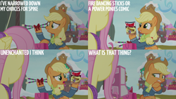 Size: 2000x1125 | Tagged: safe, edit, edited screencap, editor:quoterific, screencap, applejack, fluttershy, g4, my little pony best gift ever, action comics #1, snow
