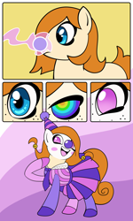 Size: 6000x10000 | Tagged: safe, artist:tf-circus, oc, oc only, oc:copper moon, pony, clown, comic, face paint, hat, hypnosis, looking at you, mind control, open mouth, open smile, party hat, smiling, smiling at you, solo, transformation