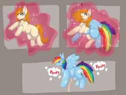 Size: 3322x2500 | Tagged: safe, artist:sweet fang delights, rainbow dash, oc, oc:copper moon, earth pony, inflatable pony, pegasus, pony, g4, balloon, character to character, exclamation point, inanimate tf, inflatable, magic, poof, sequence, solo, surprised, transformation