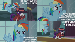 Size: 2000x1125 | Tagged: safe, edit, edited screencap, editor:quoterific, screencap, rainbow dash, rarity, pegasus, pony, unicorn, g4, rarity investigates, season 5, detective, detective rarity, duo, duo female, female, mare