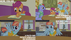 Size: 2000x1125 | Tagged: safe, edit, edited screencap, editor:quoterific, screencap, bow hothoof, scootaloo, windy whistles, g4, parental glideance, bag, book, cute, female, filly, foal, freckles, grin, male, mare, pasta and potato sandwich on sourdough, saddle bag, smiling, spread wings, stallion, trio, windybetes, wings