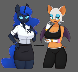 Size: 1814x1694 | Tagged: safe, artist:handgunboi, nightmare moon, alicorn, bat, anthro, g4, belly button, breasts, clothes, crossover, duo, midriff, rouge the bat, secretary, skirt, sonic the hedgehog (series), sports outfit
