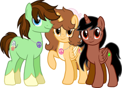 Size: 1808x1300 | Tagged: safe, artist:crisostomo-ibarra, derpibooru exclusive, oc, oc only, oc:aspen, oc:princess fantasy star, oc:ryan, alicorn, earth pony, 2024 community collab, derpibooru community collaboration, g4, alicorn oc, earth pony oc, female, group, hooves, horn, jewelry, looking at you, male, mare, necklace, peace symbol, raised hoof, simple background, smiling, smiling at you, stallion, transparent background, wings