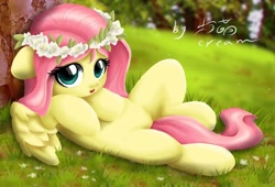 Size: 1592x1080 | Tagged: safe, artist:柠萌cream, fluttershy, pegasus, pony, g4, cute, female, floppy ears, floral head wreath, flower, lying down, mare, on back, shyabetes, solo