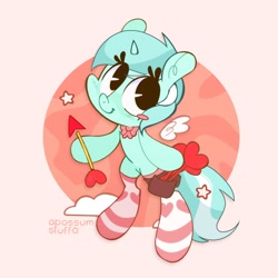 Size: 1500x1500 | Tagged: safe, artist:opossum-stuff, lyra heartstrings, pony, unicorn, g4, abstract background, arrow, bag, bow, clothes, cupid, cute, floating wings, happy, heart, holiday, lyrabetes, smiling, socks, solo, striped socks, valentine's day, wings