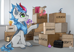 Size: 4092x2893 | Tagged: safe, artist:lailyren, oc, oc only, kirin, box, cardboard box, cloven hooves, flower, flower pot, juice, juice box, kirin oc, picture frame, plushie, solo, tape