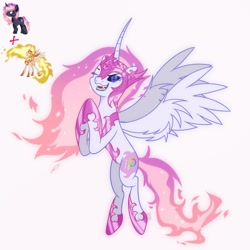 Size: 1600x1600 | Tagged: safe, artist:artsypaws, derpibooru exclusive, daybreaker, oc, oc only, oc:artsypaws, alicorn, pony, unicorn, g4, armor, bisexual, colored, curved horn, design, digital art, fangs, female, fire, flying, fusion, fusion:daybreaker, fusion:oc, genderfluid, horn, ibispaint x, jewelry, mane, mare, photo, regalia, self insert, simple background, smashup, spread wings, white background, wings