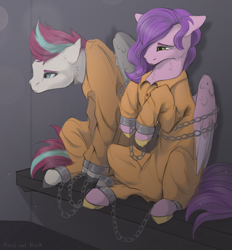 Size: 2560x2762 | Tagged: safe, artist:hard817, pipp petals, zipp storm, pegasus, pony, g5, bound wings, chained, chains, clothes, commissioner:rainbowdash69, cuffed, cuffs, duo, female, jumpsuit, mare, never doubt rainbowdash69's involvement, prison outfit, prisoner pipp, prisoner zipp, royal sisters (g5), sad, shackles, siblings, sisters, sitting, wings