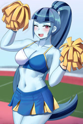 Size: 800x1191 | Tagged: safe, artist:tzc, sonata dusk, human, equestria girls, g4, belly button, blushing, bra, breasts, busty sonata dusk, cheerleader, cheerleader outfit, cleavage, clothes, cute, female, midriff, one eye closed, open mouth, open smile, pom pom, ponytail, sexy, skirt, smiling, solo, sonatabetes, sports bra, stupid sexy sonata dusk, underwear, wink