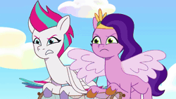 Size: 1280x720 | Tagged: safe, screencap, pipp petals, zipp storm, dragon, pegasus, pony, cake dragon, g5, my little pony: tell your tale, spoiler:g5, spoiler:my little pony: tell your tale, spoiler:tyts02e03, absurd file size, absurd gif size, animated, cake, cloud, female, flying, food, gif, magic, mare, net, reformation, regeneration, royal sisters (g5), siblings, sisters, surprised