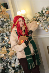 Size: 2848x4272 | Tagged: safe, artist:yuris, sunset shimmer, human, g4, christmas, clothes, cosplay, costume, holiday, hoodie, irl, irl human, looking at you, photo, room, smiling, solo