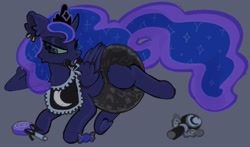 Size: 2453x1445 | Tagged: safe, artist:0lileli, princess luna, alicorn, pony, g4, bib, black diaper, candy, crown, diaper, diaper fetish, ear piercing, fetish, food, frog (hoof), gray background, impossibly large diaper, jewelry, non-baby in diaper, pacifier, piercing, rattle, regalia, simple background, solo, underhoof
