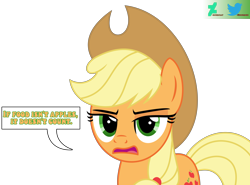 Size: 6600x4871 | Tagged: safe, artist:kuren247, applejack, earth pony, pony, g4, apple, applejack is not amused, applejack's hat, cowboy hat, female, hat, simple background, solo, speech bubble, text, that pony sure does love apples, transparent background, unamused, vector