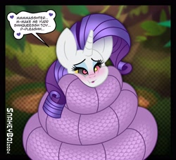 Size: 3300x3000 | Tagged: safe, artist:snakeythingy, rarity, arbok, pony, unicorn, g4, blushing, coiling, coils, crossover, hypno eyes, hypnority, hypnosis, hypnotized, kaa eyes, pokémon, speech bubble, squeeze, squishy cheeks