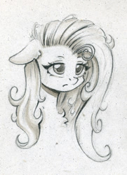 Size: 723x1000 | Tagged: safe, artist:maytee, fluttershy, pegasus, pony, g4, bust, grayscale, messy mane, monochrome, portrait, sleepy, solo, tired, traditional art