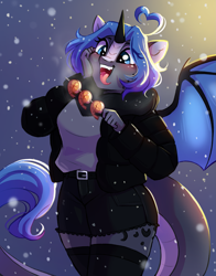 Size: 2353x3000 | Tagged: safe, artist:melodylibris, oc, oc only, oc:argi, dracony, dragon, hybrid, shrimp, anthro, blushing, clothes, female, hand on cheek, high res, horn, jacket, kebab, mare, open mouth, open smile, secret santa, skirt, smiling, snow, snowfall, solo, spread wings, stockings, thigh highs, wings, zettai ryouiki