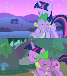 Size: 781x879 | Tagged: safe, screencap, spike, twilight sparkle, alicorn, dragon, pony, unicorn, g4, molt down, owl's well that ends well, brother and sister, comparison, duo, duo male and female, female, hug, male, sibling love, siblings, spikelove, twilight sparkle (alicorn), unicorn twilight, winged spike, wings