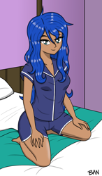 Size: 1335x2286 | Tagged: safe, artist:banquo0, princess luna, human, g4, bed, blue eyes, blue hair, breasts, clothes, cute, female, humanized, kneeling, looking at you, lunabetes, on bed, pajamas, reasonably sized breasts, shorts, solo