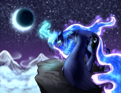 Size: 2600x2000 | Tagged: safe, artist:not-ordinary-pony, derpibooru exclusive, princess luna, alicorn, g4, blurry background, concave belly, crying, ethereal mane, ethereal tail, female, glowing, glowing horn, glowing mane, glowing tail, horn, large wings, mare, moon, mountain, mountain range, night, night sky, sky, slender, solo, starry mane, starry tail, tail, thin, wings, wings down