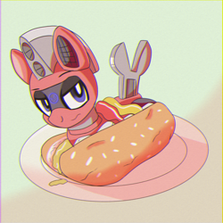 Size: 1700x1700 | Tagged: safe, artist:trackheadtherobopony, oc, oc:trackhead, pony, robot, robot pony, food, giant food, hot dog, looking at you, meat, sausage, solo, unamused