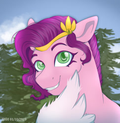 Size: 2099x2160 | Tagged: safe, artist:jjsh, pipp petals, pegasus, pony, g5, adorapipp, cloud, crown, cute, female, fluffy, fluffy wings, green eyes, high res, jewelry, looking at you, mare, purple mane, regalia, sky, smiling, solo, spruce tree, teeth, tree, wings