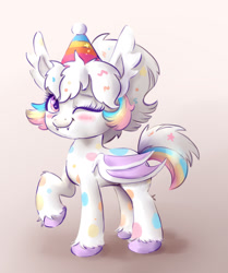 Size: 1580x1894 | Tagged: safe, artist:nedemai, oc, oc only, oc:confetti cupcake, bat pony, pony, bat pony oc, blushing, female, gradient background, hat, looking at you, mare, one eye closed, party hat, solo, unshorn fetlocks, wink, winking at you