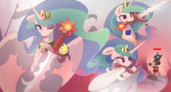Size: 4100x2206 | Tagged: safe, artist:nookprint, princess celestia, alicorn, changeling, pony, g4, armor, crown, cute, cutelestia, damage numbers, dummy, eyeshadow, female, jewelry, lidded eyes, looking at you, makeup, mare, mouth hold, one eye closed, peytral, regalia, runescape, solo, sword, tongue out, warrior, warrior celestia, weapon, wink, winking at you