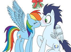 Size: 994x720 | Tagged: safe, artist:dasher666, artist:northlights8, edit, rainbow dash, soarin', pegasus, pony, g4, female, kiss on the lips, kissing, male, mare, mistletoe, ship:soarindash, shipping, simple background, stallion, straight, white background