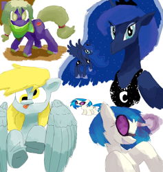 Size: 2843x3000 | Tagged: safe, artist:2hittyhair, derpy hooves, dj pon-3, princess luna, vinyl scratch, alicorn, earth pony, pegasus, pony, unicorn, g4, female, magic, mare, painting, simple background, white background