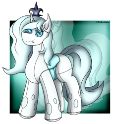 Size: 1184x1300 | Tagged: safe, artist:thebenalpha, oc, oc:grazia, changeling, changeling queen, original species, gift art, ice changeling, plushie, simple background