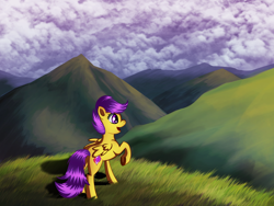 Size: 2000x1500 | Tagged: safe, artist:zedaval, scootaloo, pegasus, g4, female, filly, foal, mountain, scenery, solo