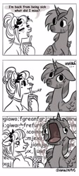 Size: 1834x4096 | Tagged: safe, artist:opalacorn, oc, oc only, oc:silver stream, oc:void, pegasus, pony, zebra, zebracorn, comic, dialogue, drink, duo, duo male and female, female, grayscale, hoof hold, male, mare, monochrome, open mouth, simple background, stallion, volumetric mouth, white background