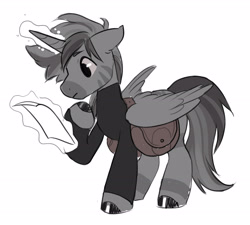 Size: 3523x3171 | Tagged: safe, artist:opalacorn, oc, oc only, oc:silver stream, zebra, zebracorn, bag, glowing, glowing horn, horn, levitation, looking at something, magic, male, saddle bag, simple background, solo, stallion, telekinesis, white background