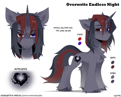 Size: 3000x2400 | Tagged: safe, alternate version, artist:zlatavector, oc, oc only, oc:overwrite endless night, pony, unicorn, chest fluff, color palette, commission, concave belly, ear fluff, heterochromia, high res, hoof fluff, leg fluff, looking at you, male, reference sheet, simple background, slender, solo, stallion, thin, unshorn fetlocks, white background