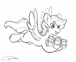 Size: 3019x2492 | Tagged: safe, artist:opalacorn, oc, oc only, pegasus, pony, black and white, coffee cup, commission, cup, drink holder, flying, grayscale, male, monochrome, simple background, solo, spread wings, stallion, white background, wings