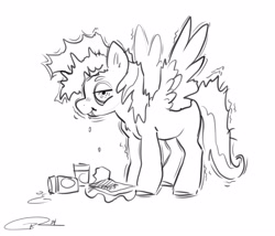 Size: 3212x2747 | Tagged: safe, artist:opalacorn, oc, oc only, pegasus, pony, black and white, coffee cup, commission, cup, drink holder, eating, grayscale, lidded eyes, messy mane, monochrome, simple background, solo, spread wings, white background, wings