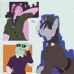 Size: 2451x2466 | Tagged: safe, artist:fly over, oc, oc only, oc:alex sunshine, oc:breezy bloom, oc:starry night, oc:starry night (eaw), pegasus, pony, unicorn, anthro, equestria at war mod, breasts, cigarette, clothes, dog tags, female, glasses, hat, looking down, mare, simple background, sunglasses, unamused, uniform