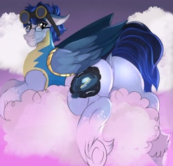 Size: 2075x1991 | Tagged: safe, alternate version, artist:mylittlewarhorse, oc, oc only, oc:soaring spirit, pegasus, pony, armor, butt, clothes, coat markings, facial markings, featureless crotch, folded wings, glasses, goggles, looking at you, looking back, looking back at you, male, markings, multicolored hair, multicolored mane, multicolored tail, plot, socks (coat markings), solo, stallion, tail, three toned wings, uniform, wing armor, wing brace, wings, wonderbolt trainee uniform, wonderbolts